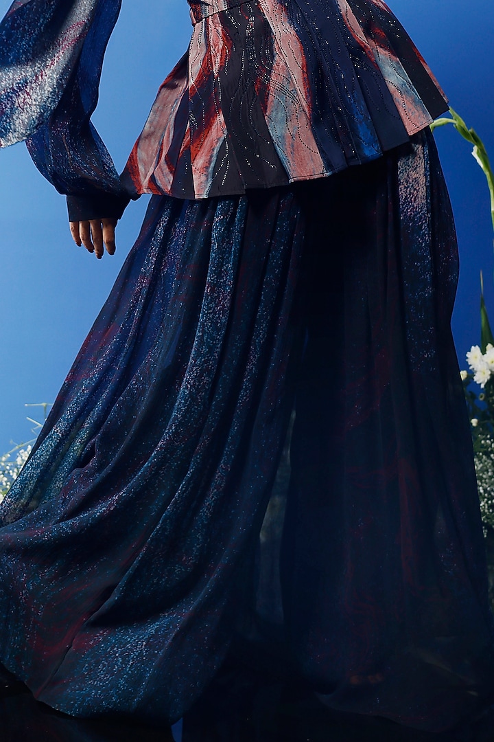 Blue Habutai Silk & Satin Printed Party Wear Sharara Set by FORTY FOUR at Pernia's Pop Up Shop