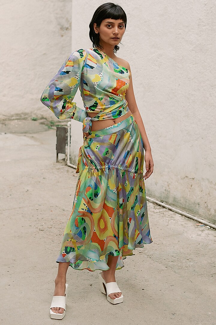 Multi-Colored Satin Silk Abstract Printed Skirt Set by FORTY FOUR at Pernia's Pop Up Shop