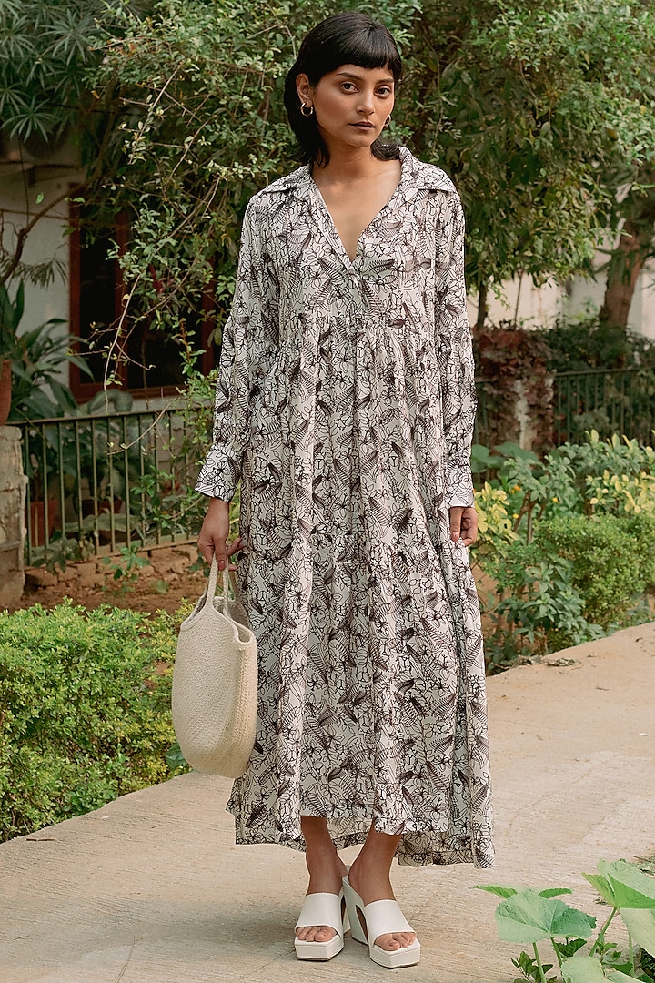 White Satin Silk Floral Leaf Printed Maxi Dress by FORTY FOUR