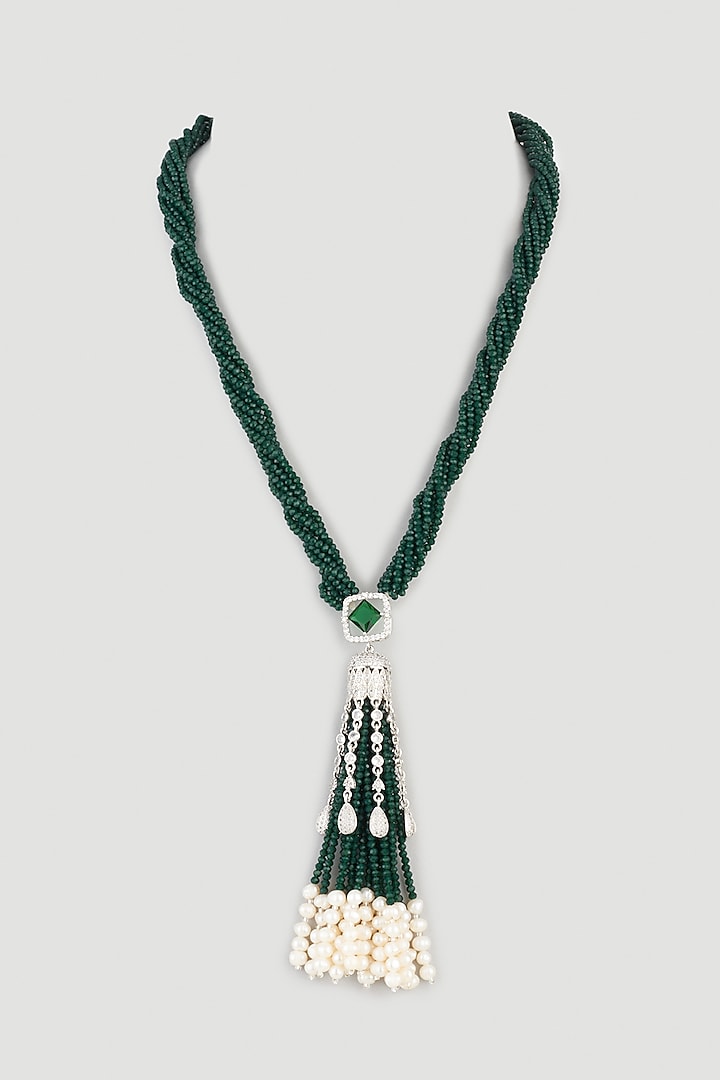White Finish Green Zircons Tasseled Necklace by Fuschia Jewellery