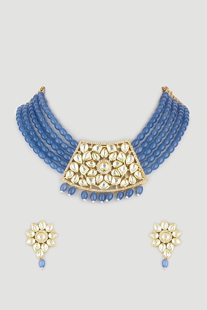 Gold Finish Blue Tourmaline Necklace Set by Fuschia Jewellery