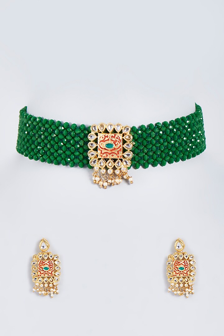 Two-Tone Finish Green Crystal Beaded Choker Necklace Set by Fuschia Jewellery
