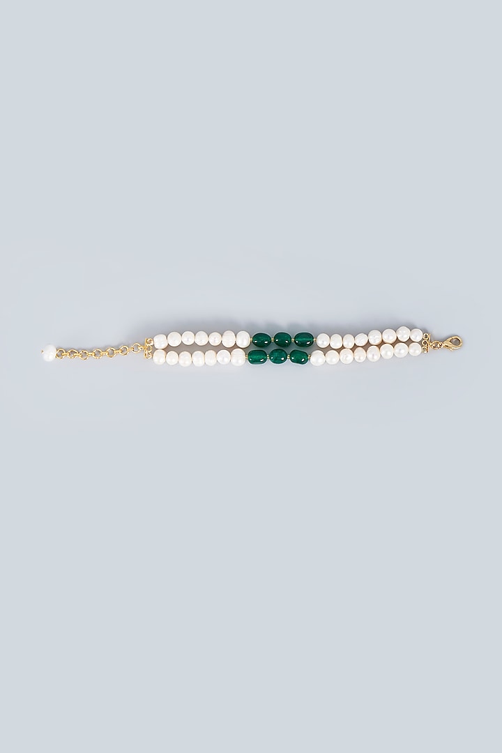 Gold Finish Pearl & Green Natural Stone Bracelet by Fuschia Jewellery