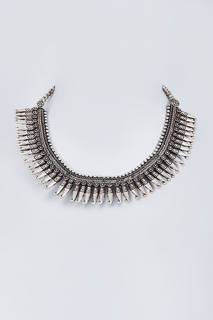 Silver Oxidised Finish Spiked Choker Necklace by Fuschia Jewellery