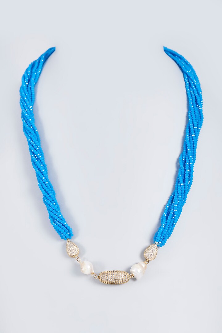White Finish Blue Crystal Long Necklace by Fuschia Jewellery