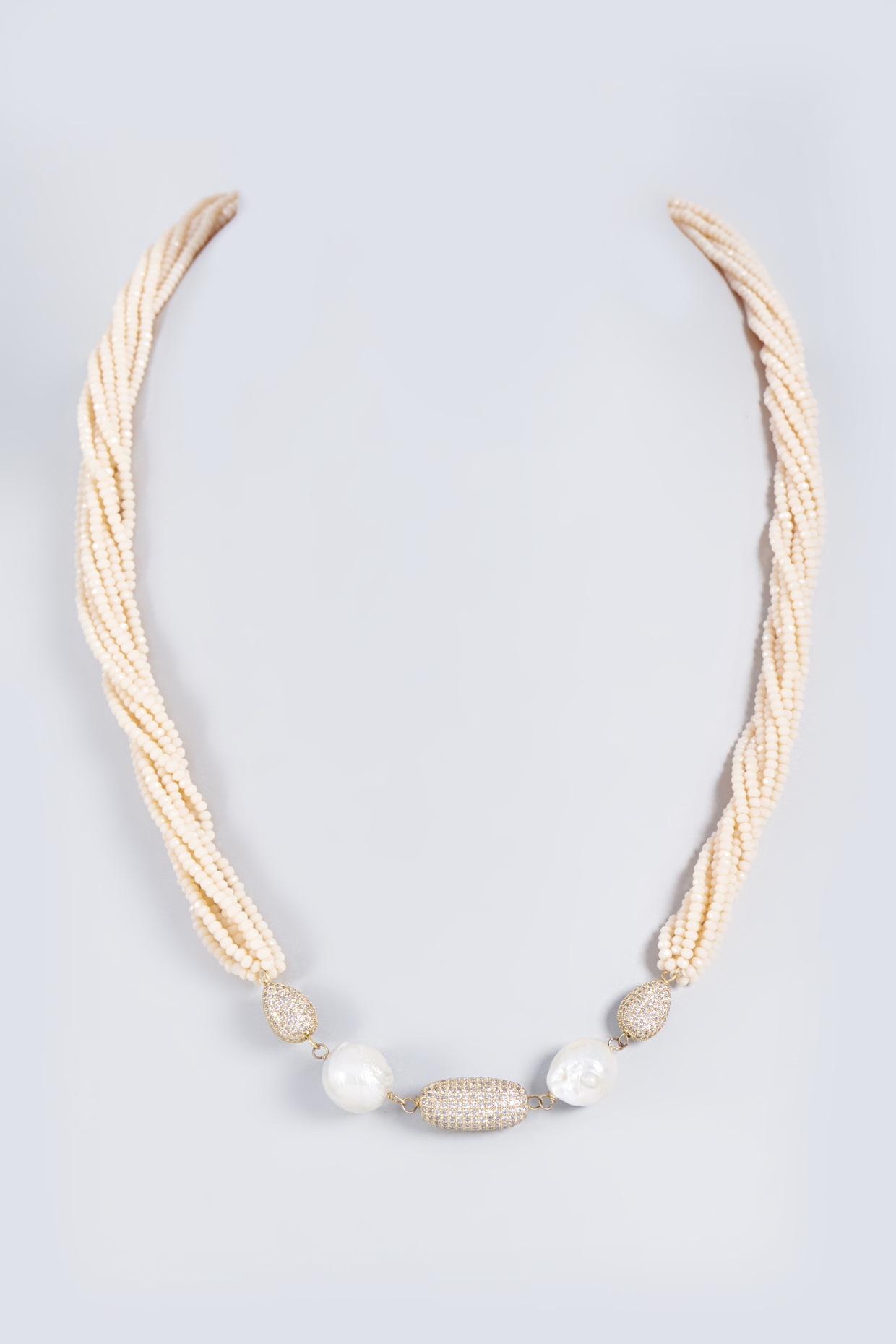 White Finish Cream Crystal Long Necklace by Fuschia Jewellery