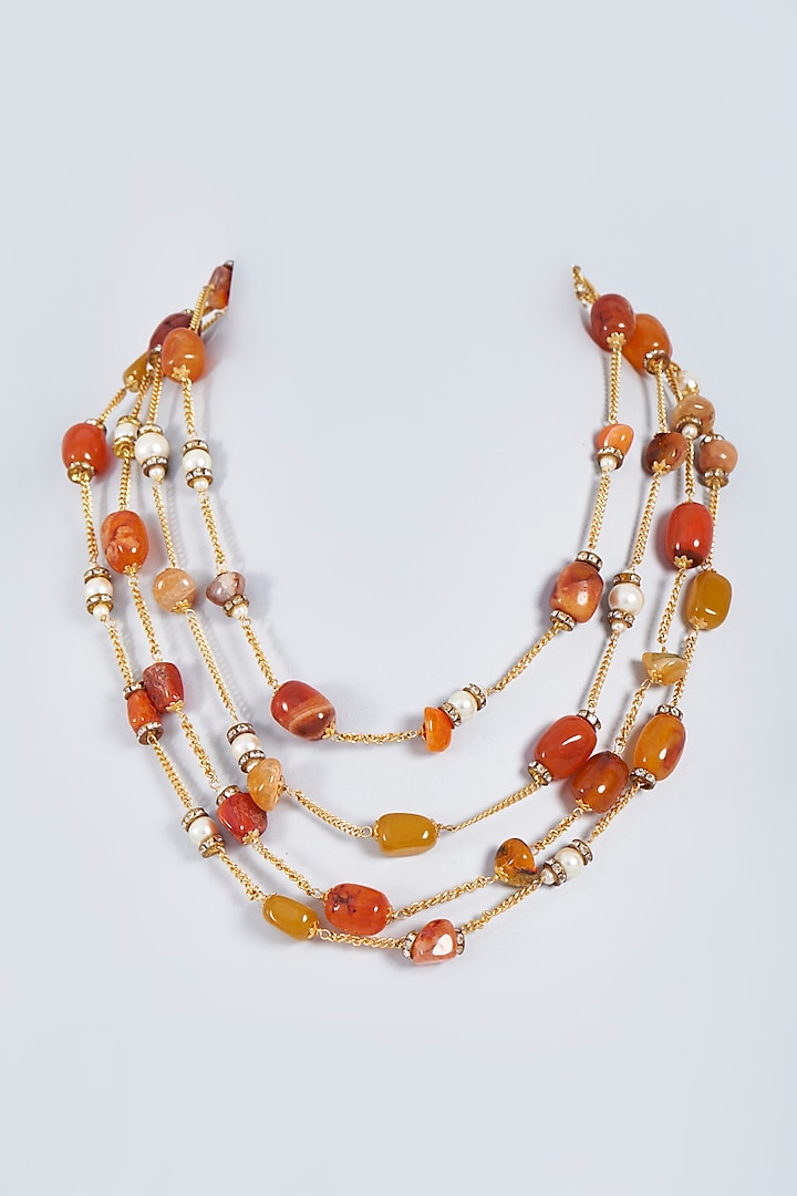 Gold Finish Orange Onyx Beaded Layered Necklace by Fuschia Jewellery