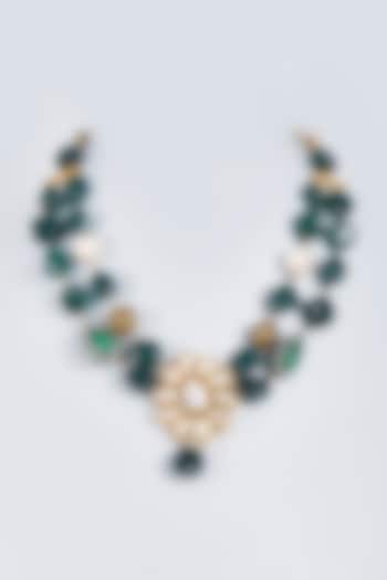 Gold Finish Green Onyx Beaded Layered Necklace Set by Fuschia Jewellery