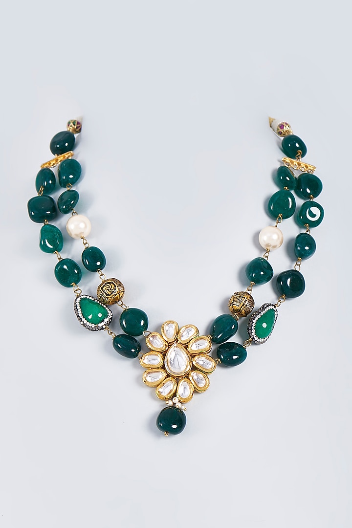 Gold Finish Green Onyx Beaded Layered Necklace Set by Fuschia Jewellery