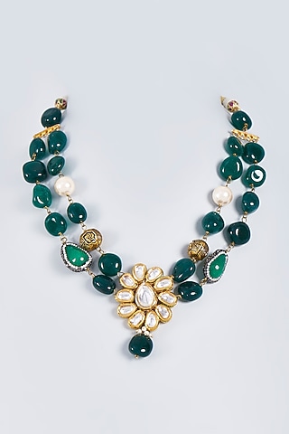 Gold Finish Green Onyx Beaded Layered Necklace Set by Fuschia Jewellery