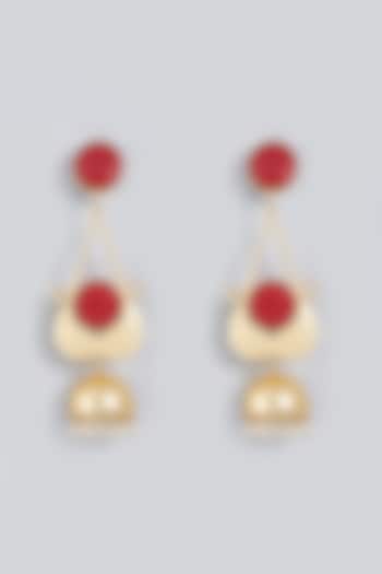 Gold Finish Meenakari Red Natural Stone Jhumka Earrings by Fuschia Jewellery at Pernia's Pop Up Shop