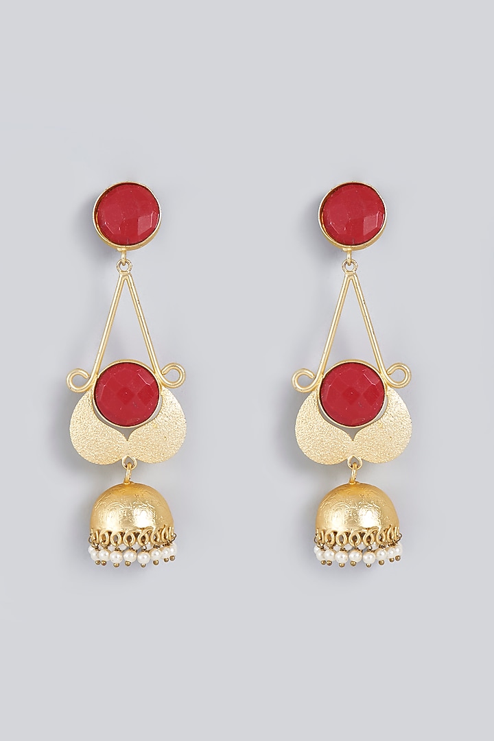 Gold Finish Meenakari Red Natural Stone Jhumka Earrings by Fuschia Jewellery at Pernia's Pop Up Shop