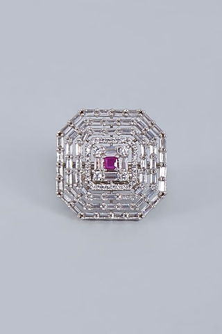 White Rhodium Finish Ruby Stone Ring by Fuschia Jewellery