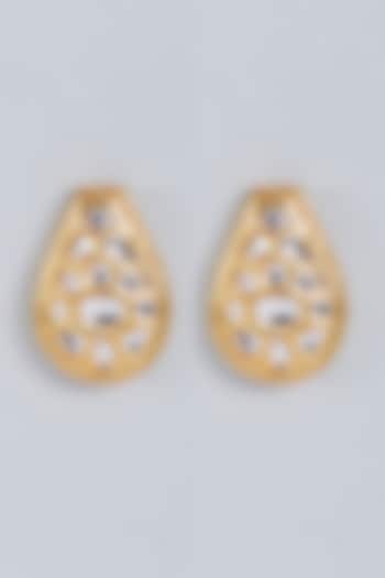 Gold Finish Kundan Polki Stud Earrings by Fuschia Jewellery