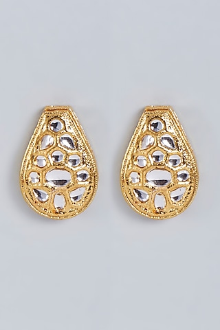 Gold Finish Kundan Polki Stud Earrings by Fuschia Jewellery