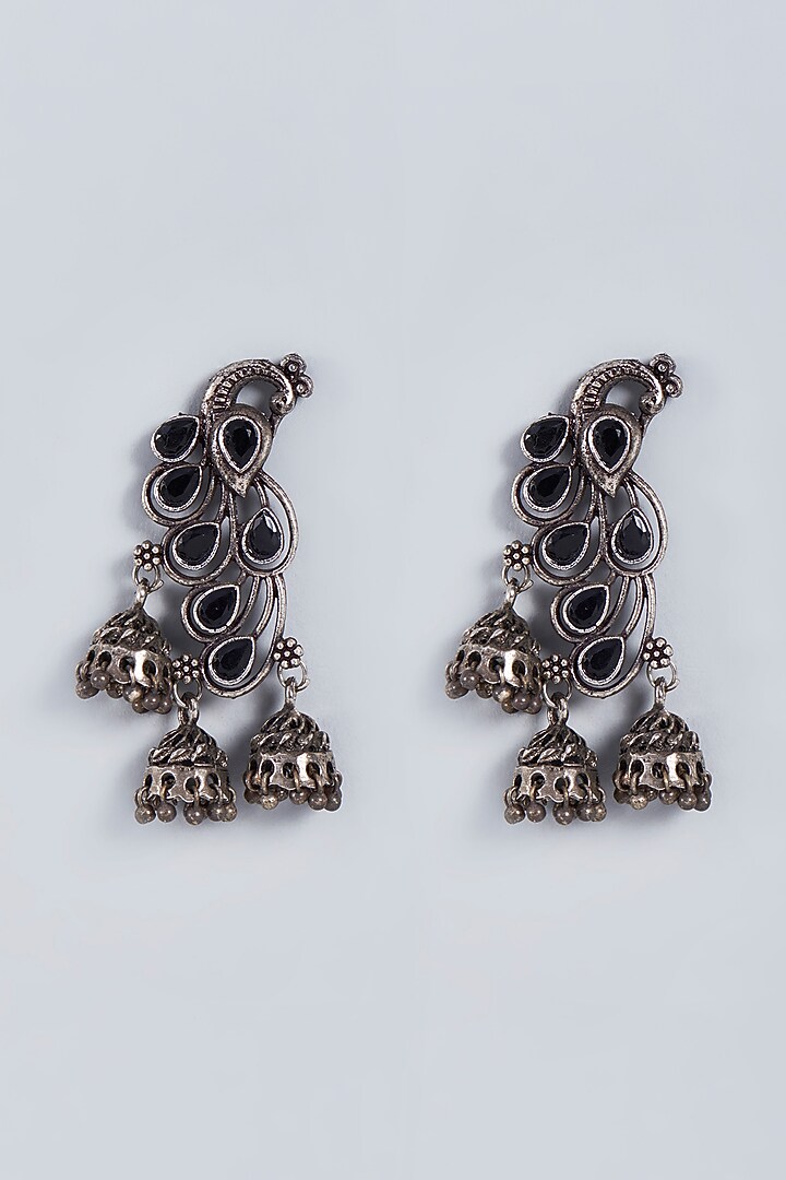 Black Rhodium Finish Black Stone Jhumka Earrings by Fuschia Jewellery at Pernia's Pop Up Shop