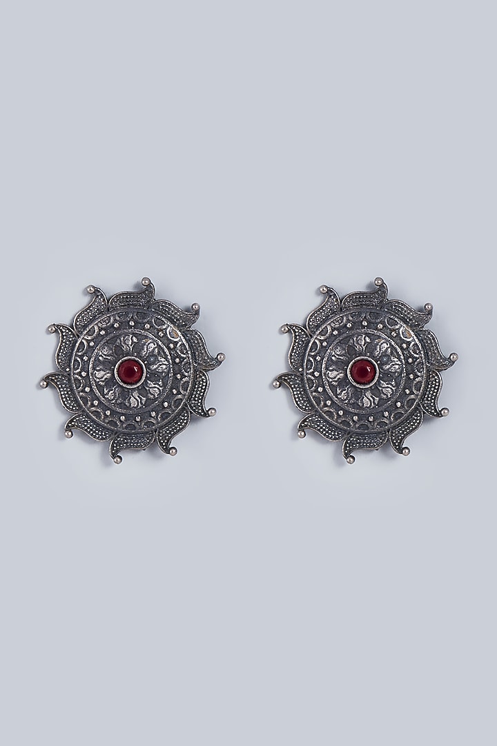 Black Rhodium Finish Red Stone Stud Earrings by Fuschia Jewellery