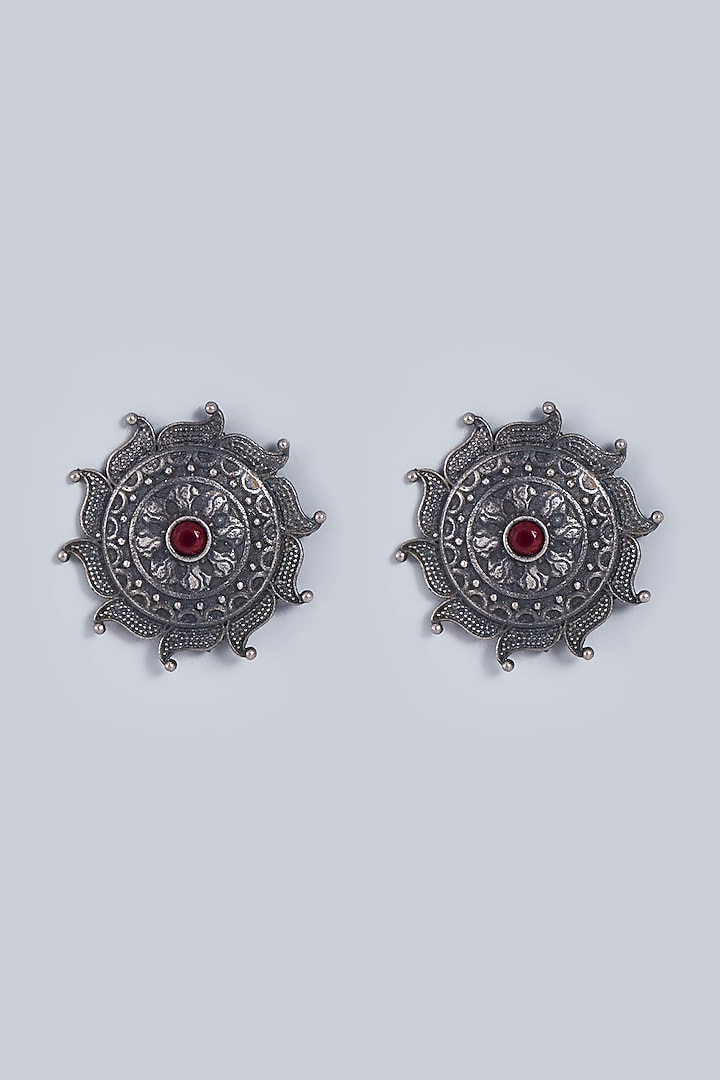 Black Rhodium Finish Red Stone Stud Earrings by Fuschia Jewellery at Pernia's Pop Up Shop