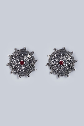 Black Rhodium Finish Red Stone Stud Earrings by Fuschia Jewellery