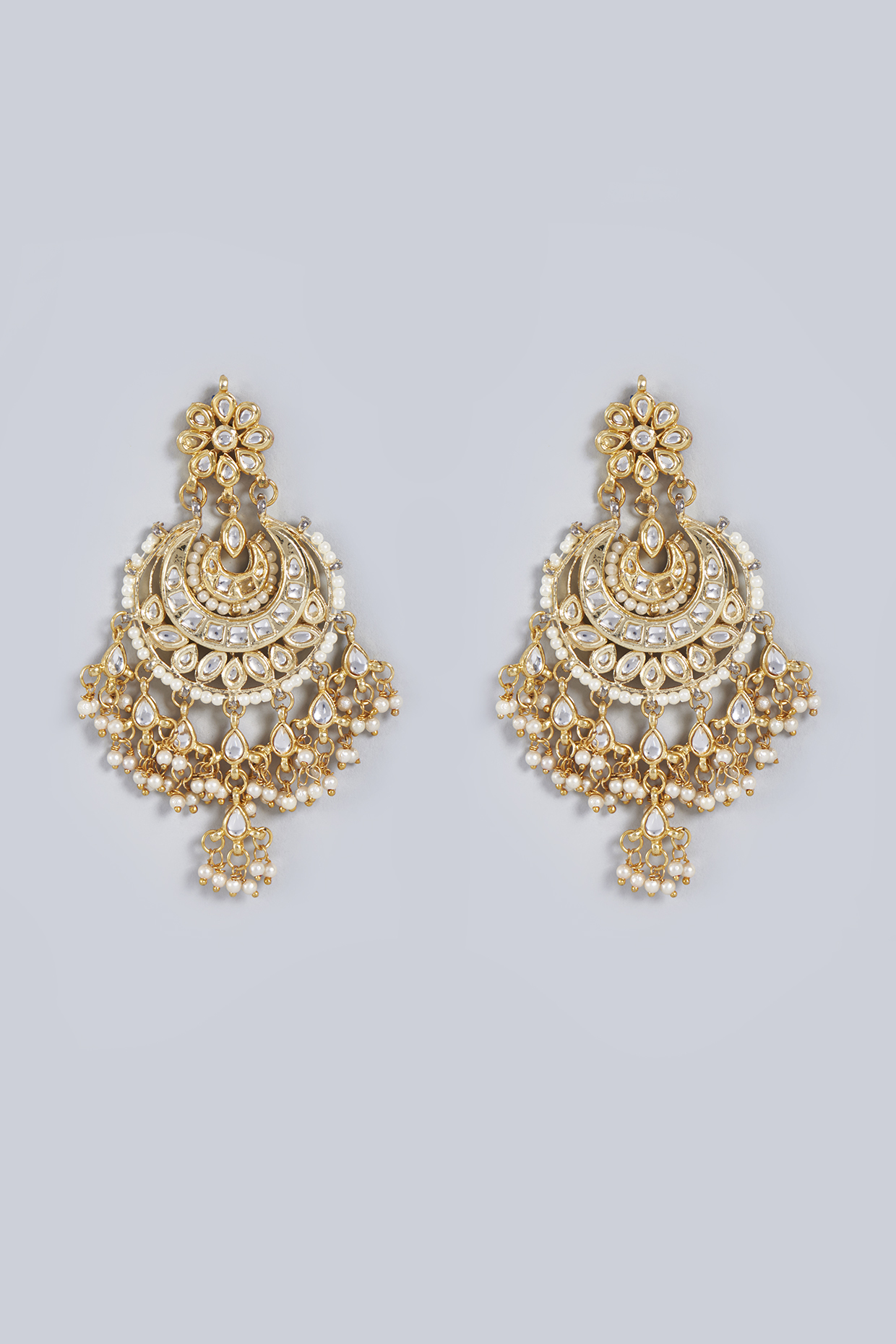 Gold Finish Kundan Polki Chandbaali Earrings by Fuschia Jewellery