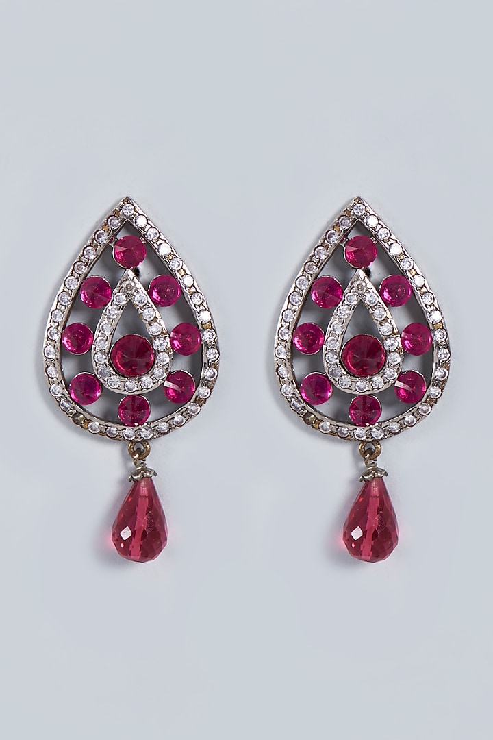 White Rhodium Finish Red Stone Stud Earrings by Fuschia Jewellery