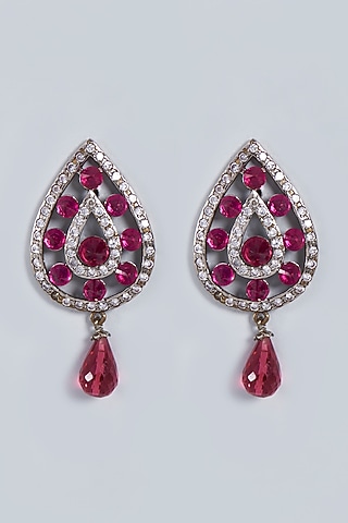White Rhodium Finish Red Stone Stud Earrings by Fuschia Jewellery