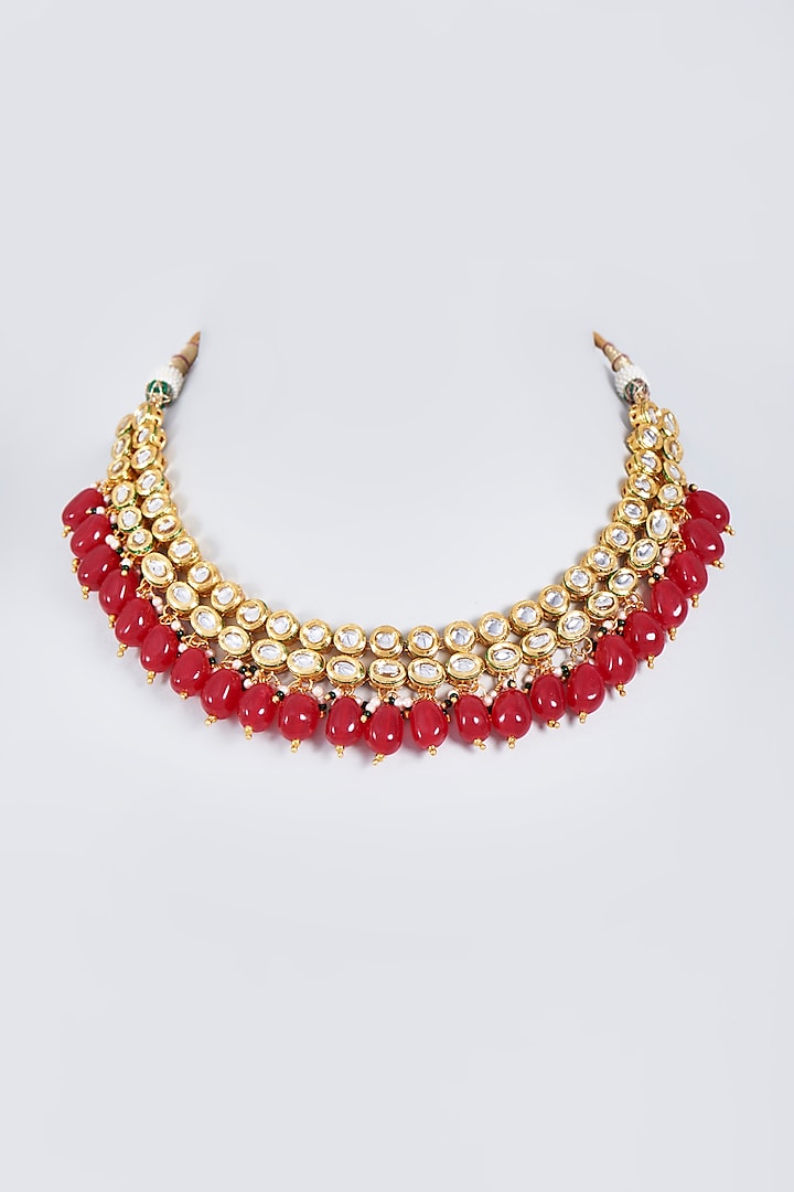 Gold Finish Kundan Polki Choker Necklace Set by Fuschia Jewellery