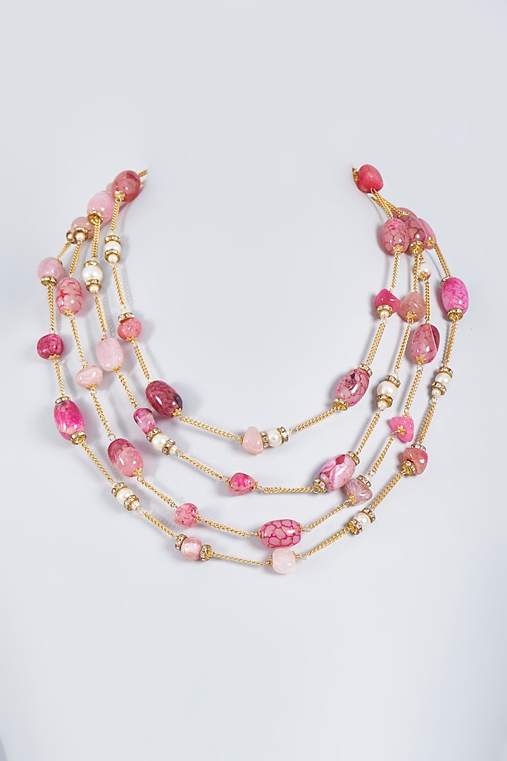 Gold Finish Pink Onyx Beaded Layered Necklace by Fuschia Jewellery at Pernia's Pop Up Shop