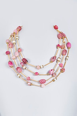 Gold Finish Pink Onyx Beaded Layered Necklace by Fuschia Jewellery