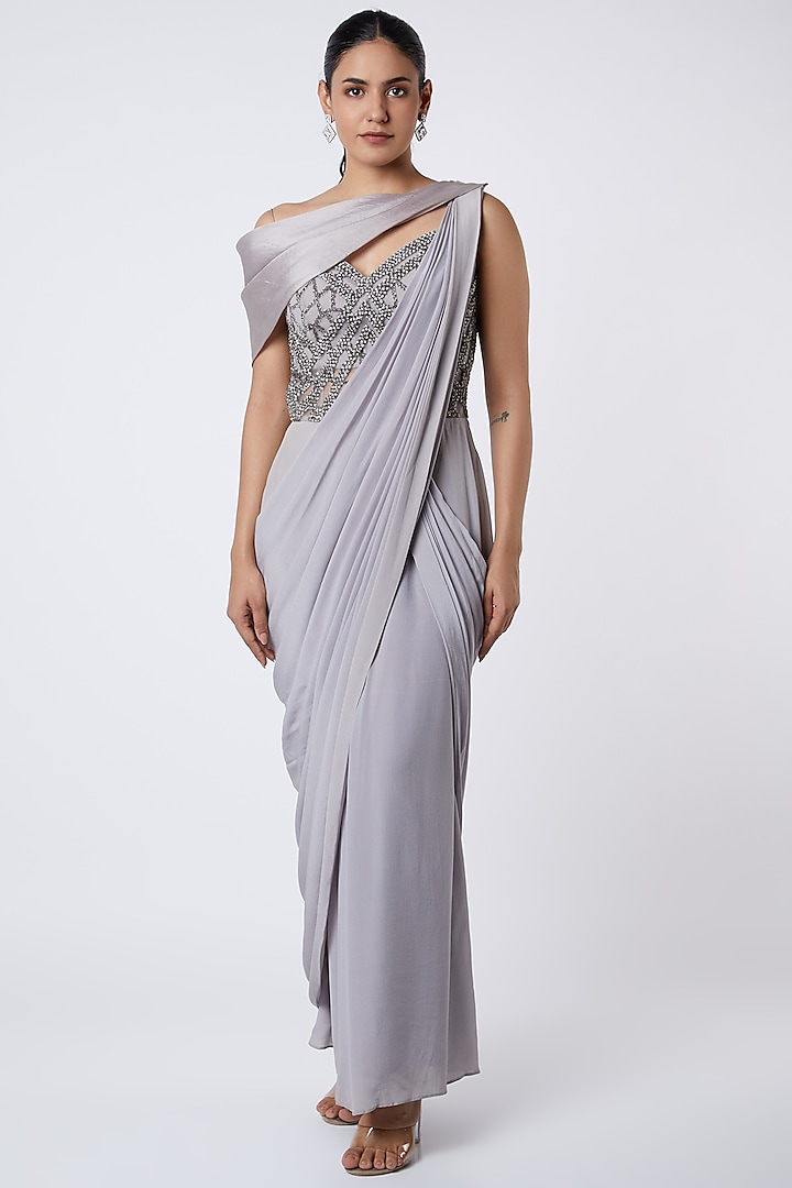 Grey Off Shoulder Saree Gown by Babita Malkani