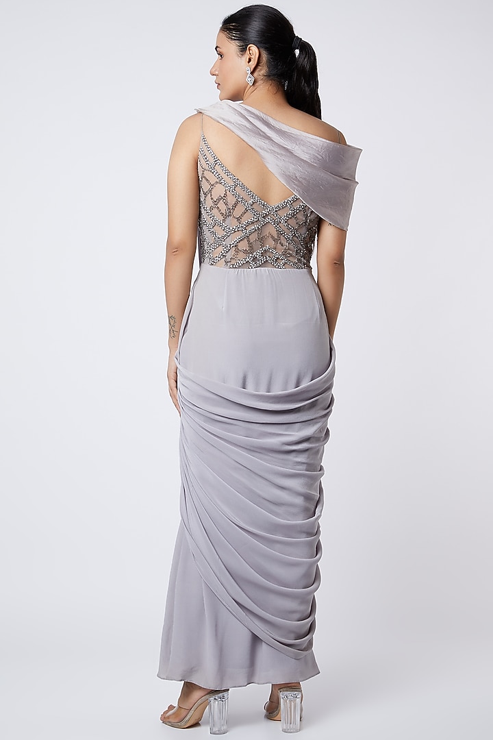 Grey Off Shoulder Wedding Saree Gown by Babita Malkani at Pernia's Pop Up Shop