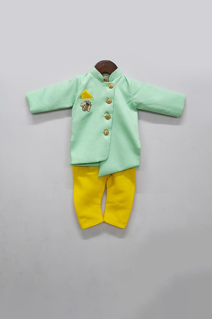 Aqua Green & Yellow Embroidered Achkan Kurta Set by Fayon Kids at Pernia's Pop Up Shop
