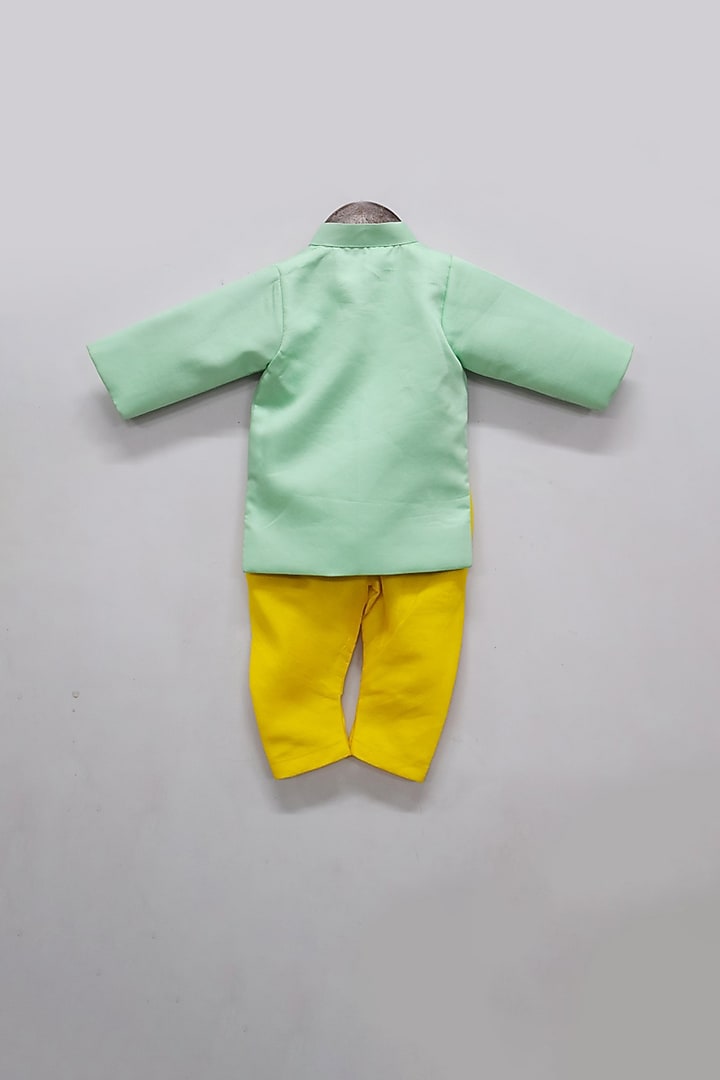 Aqua Green & Yellow Embroidered Achkan Kurta Set by Fayon Kids at Pernia's Pop Up Shop