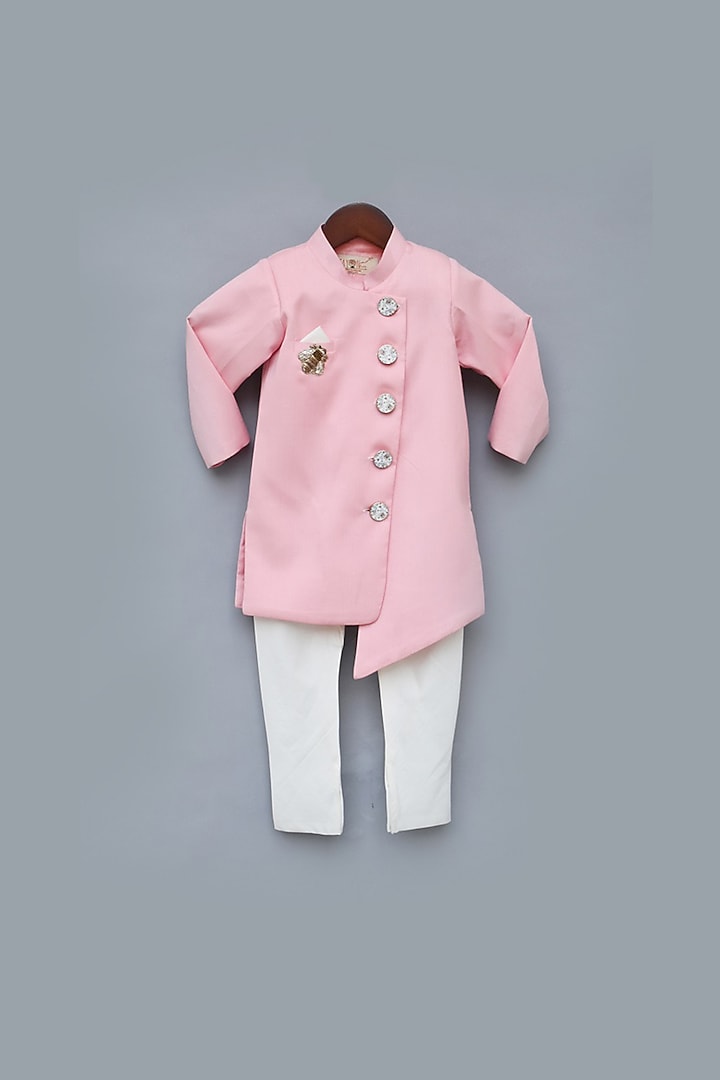 Pink & White Embroidered Ajkan Kurta Set For Boys by Fayon Kids at Pernia's Pop Up Shop