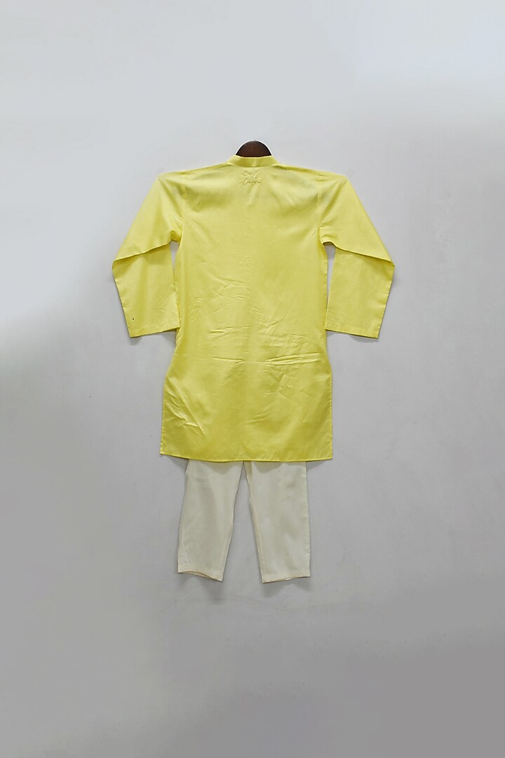 Yellow Cotton Silk Embroidered Kurta Set For Boys by Fayon Kids at Pernia's Pop Up Shop