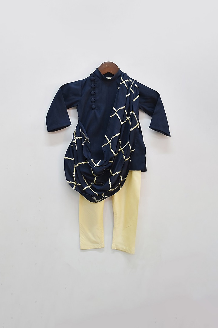 Navy Blue Croma Silk Embroidered Cowl Kurta Set For Boys by Fayon Kids at Pernia's Pop Up Shop