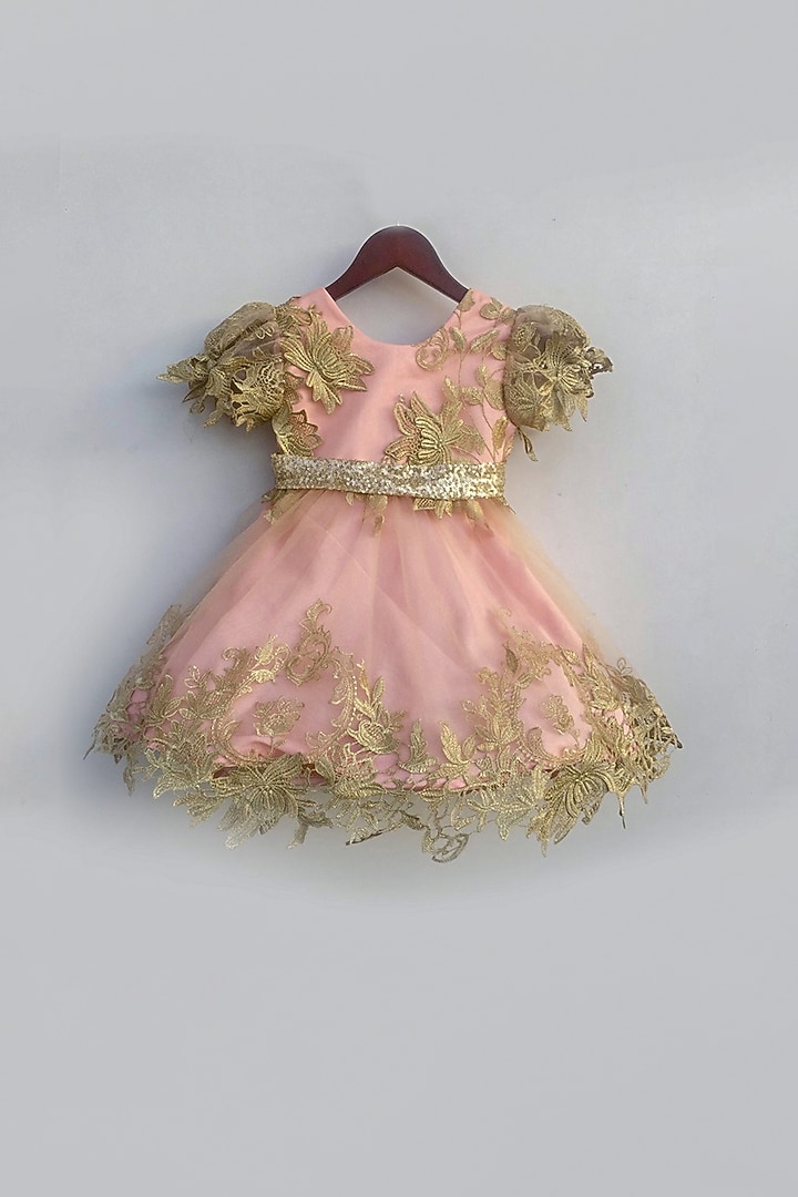 Pastel Pink Embroidered Frock With Belt For Girls by Fayon Kids at Pernia's Pop Up Shop