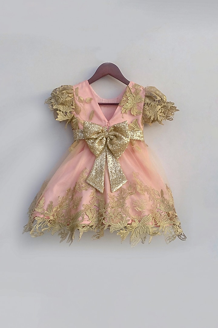 Pastel Pink Embroidered Frock With Belt For Girls by Fayon Kids at Pernia's Pop Up Shop