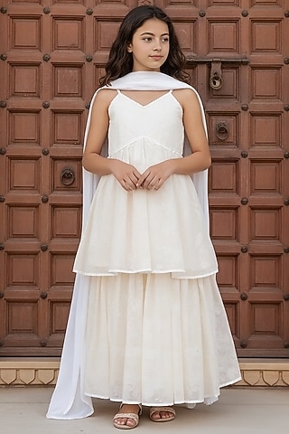 Off-White Georgette Embroidered Sharara Set For Girls by Fayon Kids