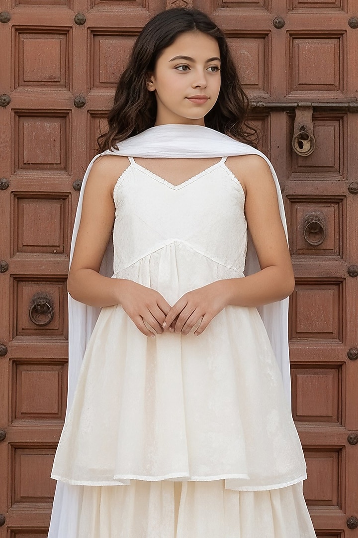 Off-White Georgette Embroidered Sharara Set For Girls by Fayon Kids at Pernia's Pop Up Shop