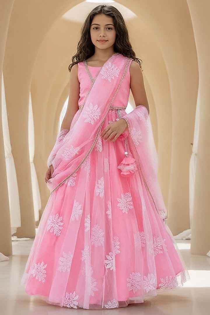 Pink Dupion & Net Embroidered Lehenga Saree For Girls by Fayon Kids at Pernia's Pop Up Shop