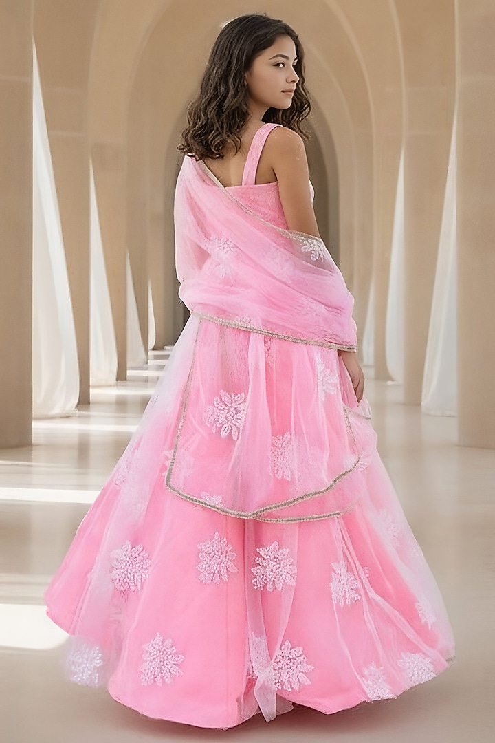 Pink Dupion & Net Embroidered Lehenga Saree For Girls by Fayon Kids at Pernia's Pop Up Shop