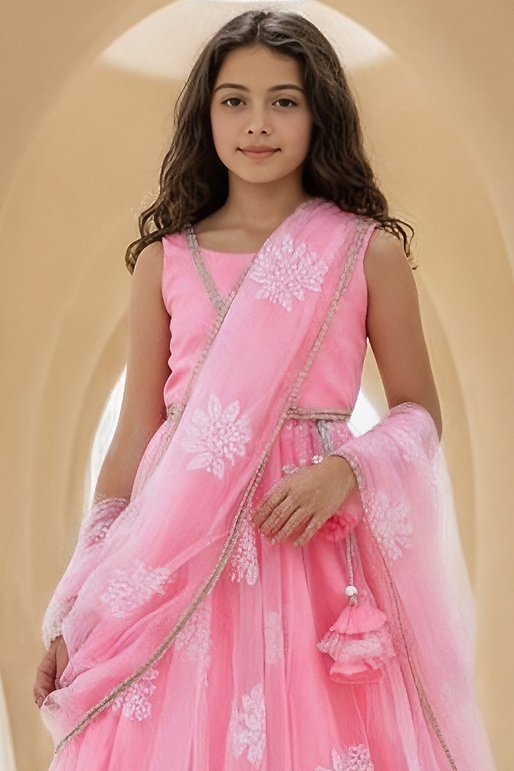 Pink Dupion & Net Embroidered Lehenga Saree For Girls by Fayon Kids at Pernia's Pop Up Shop