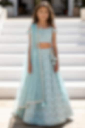 Blue Georgette Mirror Embroidered Lehenga Set For Girls by Fayon Kids at Pernia's Pop Up Shop