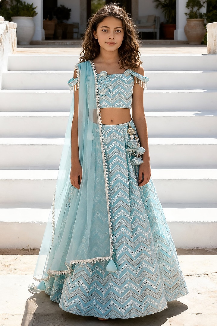Blue Georgette Mirror Embroidered Lehenga Set For Girls by Fayon Kids at Pernia's Pop Up Shop