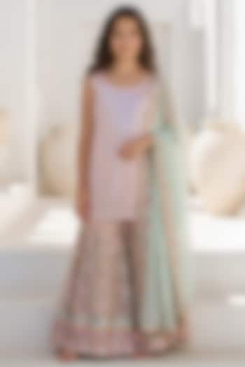 Peach & Green Georgette Embroidered Sharara Set For Girls by Fayon Kids at Pernia's Pop Up Shop