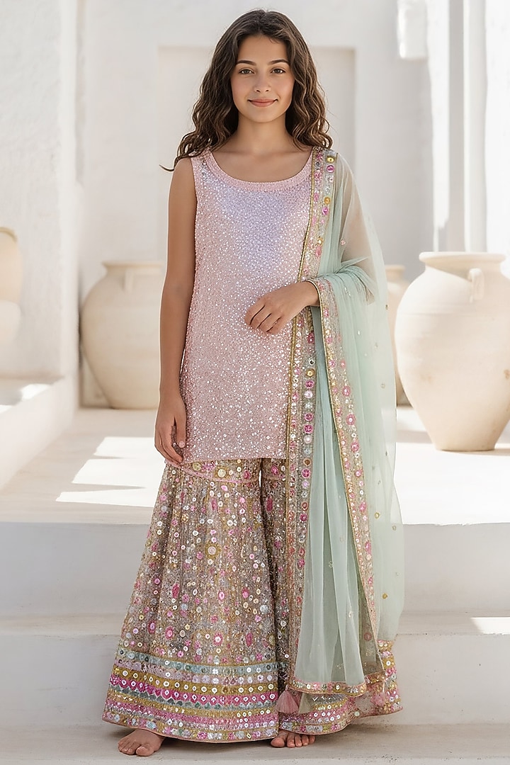 Peach & Green Georgette Embroidered Sharara Set For Girls by Fayon Kids at Pernia's Pop Up Shop