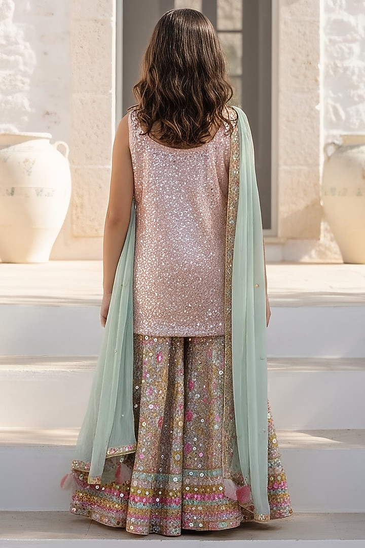 Peach & Green Georgette Embroidered Sharara Set For Girls by Fayon Kids at Pernia's Pop Up Shop