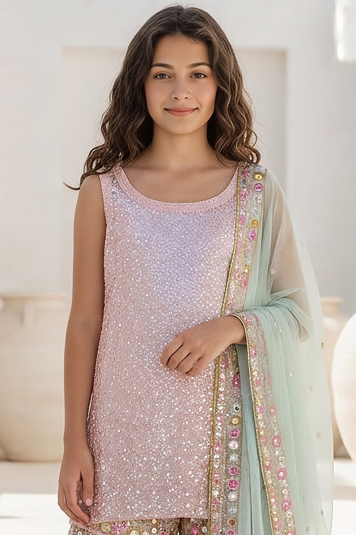 Peach & Green Georgette Embroidered Sharara Set For Girls by Fayon Kids at Pernia's Pop Up Shop