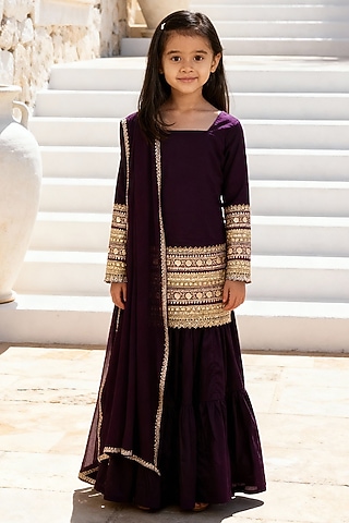 Burgundy Velvet Sharara Set For Girls by Fayon Kids